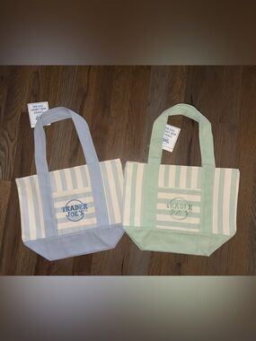 NWT Trader Joe's Mini Canvas Tote Bag Set Blue & Green Pastel Striped Rare